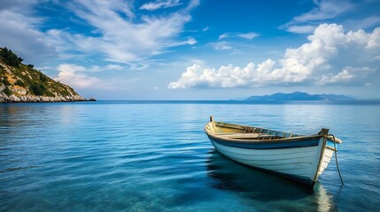 Naklejka premium Tranquil Seascape with Small Boat. Concept of peace, serenity, and escape.