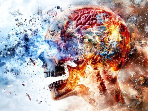 Exploding Skull with Brain in Fire and Ice