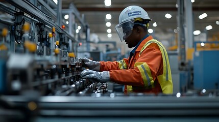 industrial worker wearing safety gear and operating a heavy machine in a factory setting, focus on concentration and precision.