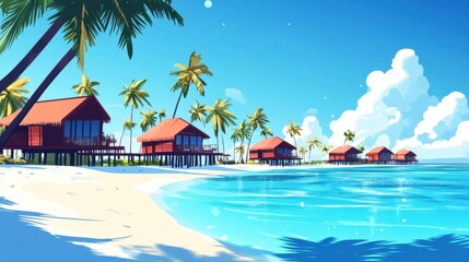 A beach scene with a row of red houses and palm trees. The houses are small and red, and they are lined up along the beach. The palm trees are tall and green