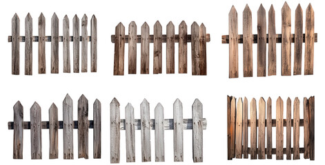 six variations of a picket fence. isolated on a transparent background the fences are made of wood and are in various states of wear and tear the top and bottom rails are in different positions to cre