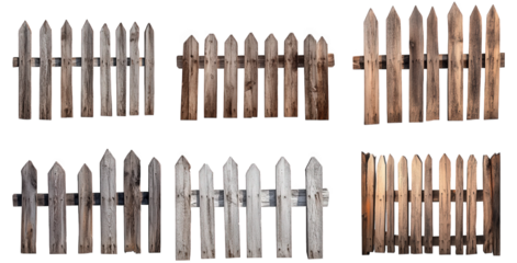 six variations of a picket fence. isolated on a transparent background the fences are made of wood and are in various states of wear and tear the top and bottom rails are in different positions to cre