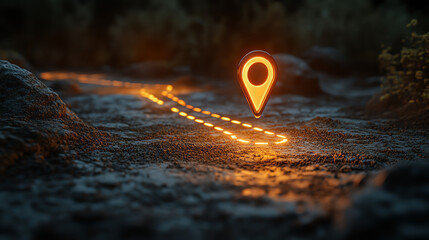 A glowing navigation marker on a dark, earthy trail guiding the way forward.