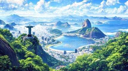 A beautiful landscape of mountains and a city with a large statue of Christ. The sky is blue and the mountains are covered in green trees