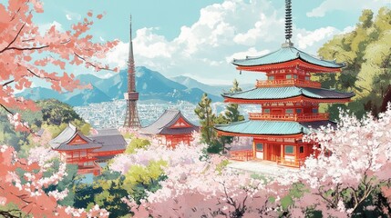 Obraz premium A painting of a city with cherry blossoms and a pagoda. The mood of the painting is serene and peaceful