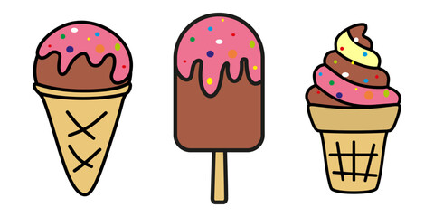 Set of ice cream vector icons. Colorful flat illustration of three types of ice cream: popsicle, cone and waffle cup