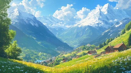 Obraz premium A beautiful mountain landscape with a small village in the valley. The mountains are covered in snow and the valley is lush with green grass. The scene is peaceful and serene