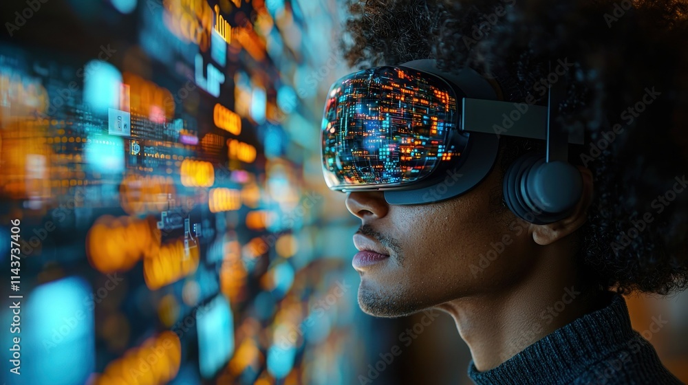 Poster person using vr headset with digital interface background.
