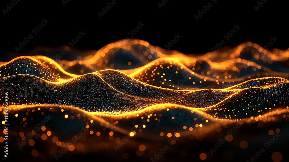 Poster abstract glowing waves with shimmering golden particles on a dark background.