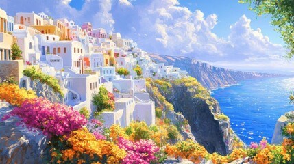 A painting of a town with a blue ocean in the background. The town is full of colorful buildings and has a lot of flowers