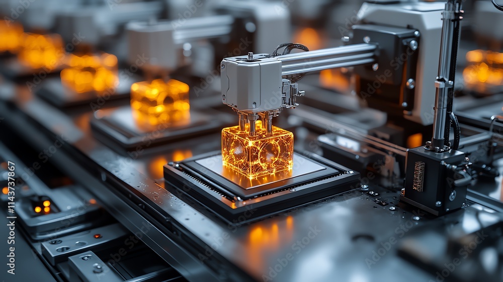 Poster advanced robotic machinery processing glowing amber substances efficiently.