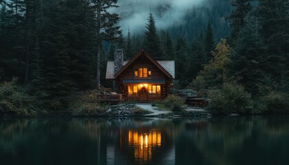 Obraz premium Cozy Lakeside Cabin Retreat Glowing in the Twilight Forest