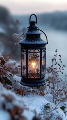 Illuminated lantern in snowy winter scene.