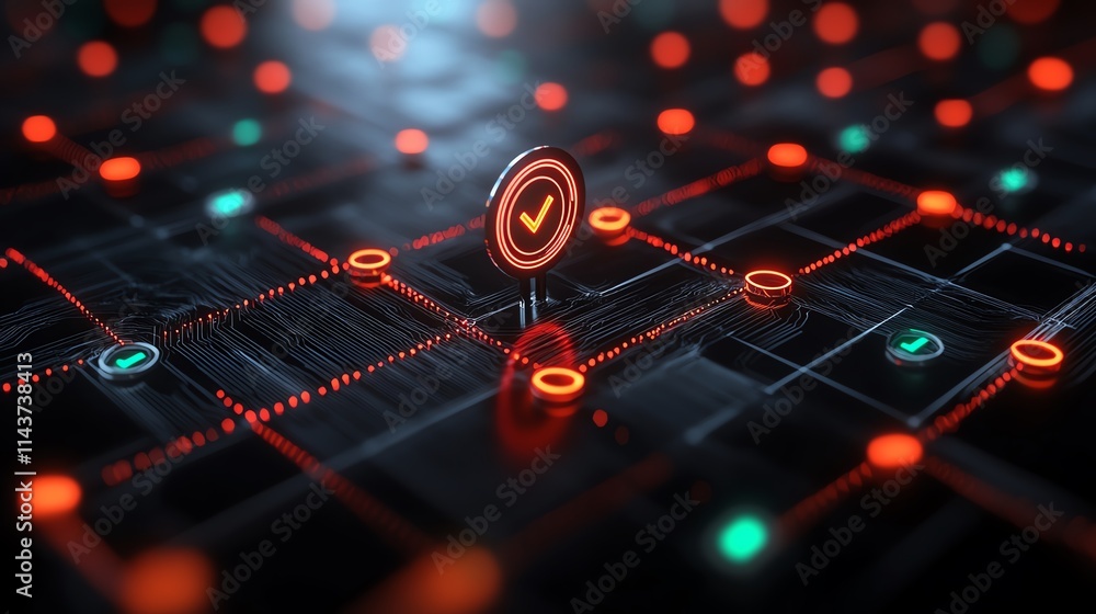 Aufkleber futuristic digital interface with checkmark symbol and glowing connections.