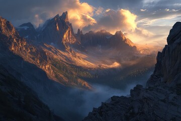 Majestic mountain peaks Dolomites sunrise golden light dramatic clouds misty valleys
