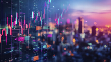 Abstract glowing big data forex candlestick chart with city skyline