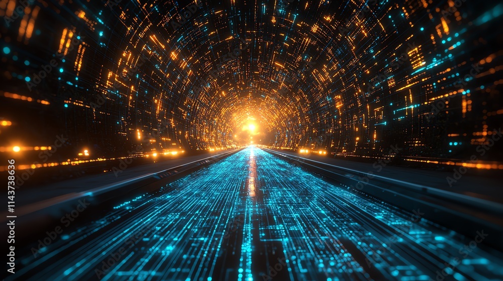 Poster futuristic tunnel with glowing lights and data streams in vibrant motion.