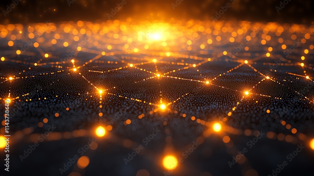 Poster glowing network of interconnected points resembling a digital universe.