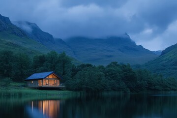 Fototapeta premium Tranquil Lakeside Cabin Retreat beneath Misty Mountain Twilight