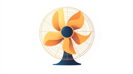 26.Vector illustration of a simple electric fan with three curved blades in a circular protective cage, set against a white background, showing clean lines and minimal detailing, ideal for graphic