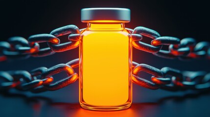 A glowing orange vial surrounded by heavy chains, symbolizing security, containment, or restriction in a dark, moody setting.