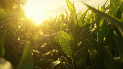 Fototapeta premium Golden sunlight illuminating rows of corn stalks during a serene late afternoon in the countryside
