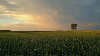 Vast fields of healthy green crops stretching across the landscape under a colorful sky at dusk