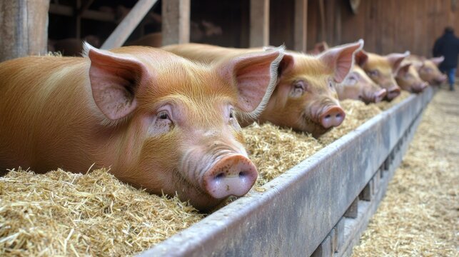 Rows of pigs feeding from troughs in a barn during a sunny afternoon in a rural farmstead