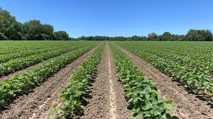 Obraz premium Rows of Soybeans in Various Stages of Growth Under Clear Blue Sky