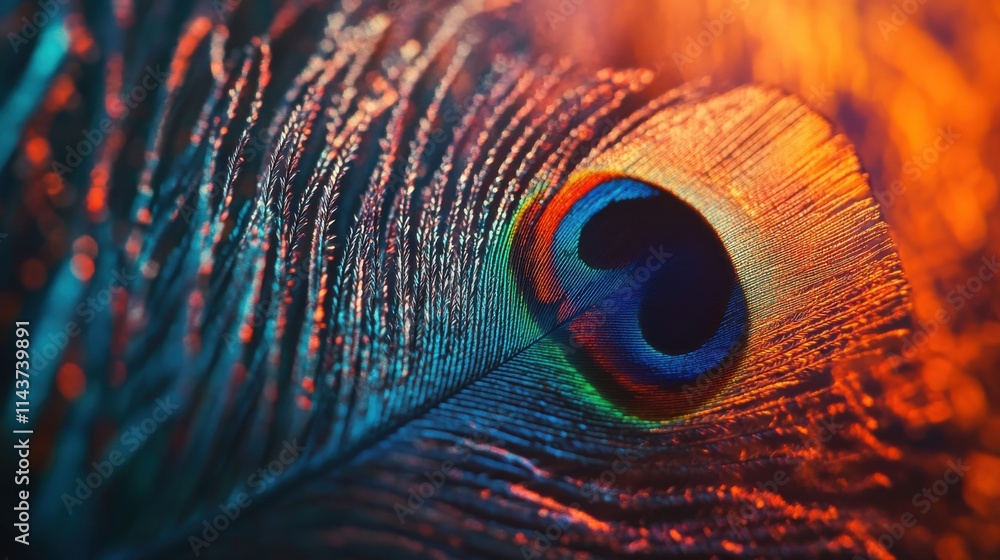 Poster macro photography of an intricate peacock feather highlighting its vibrant colors and delicate textu