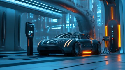 Fototapeta premium Futuristic electric car charging in a modern station.