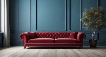 Obraz premium Red velvet sofa in a teal paneled room