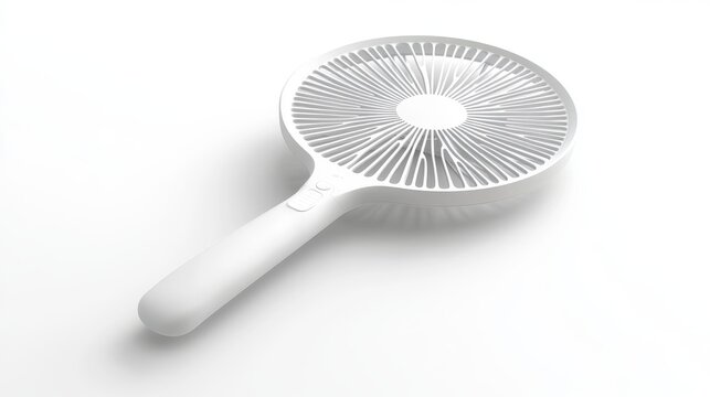 76.High-quality 3D render of a blank handheld plastic fan with a smooth, rounded shape and minimalist design; the fan has a sturdy handle and a broad, flat surface, ideal for custom branding and