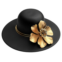 Elegant Black and Gold Women's Wide Brim Hat with Exquisite Floral Detail