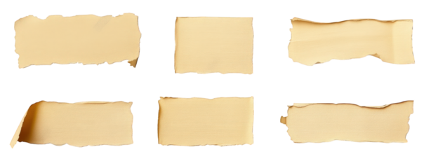 six different pieces of brown ripped paper with uneven edges isolated on a transparent background