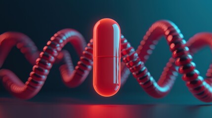 A vibrant red capsule suspended above a twisting, glowing red helix, symbolizing health, medicine, and biotechnology.