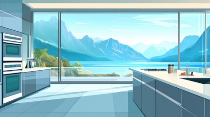 A high-end vector kitchen setup with space on the left side for text, featuring modern stainless steel appliances, elegant countertops, culinary tools neatly arranged, and a spacious island 