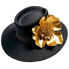 Elegant Black Wool Felt Hat with Gold Flower Accent A Stunning Fashion Accessory