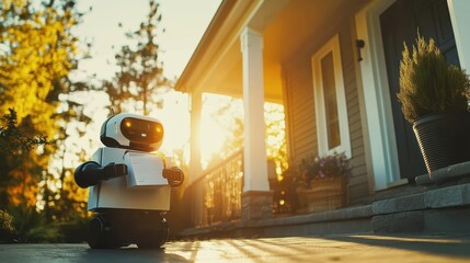 Household robot delivers mail to a person on a sunny day in a residential neighborhood