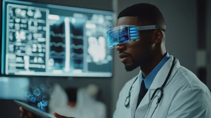 Healthcare worker utilizes augmented reality technology for enhanced patient analysis in modern medical facility