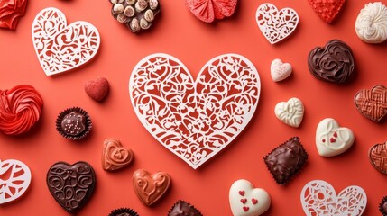 Elegant Heart-Shaped Sweets Arranged on a Vibrant Coral Background