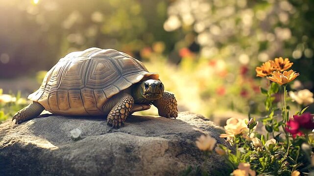 A tortoise resting on a stone in a colorful garden filled with blooming flowers under warm sunlight