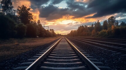 Fototapeta premium Sunset over train tracks. Concept of journey, travel, and adventure.