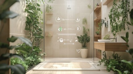 Innovative eco-friendly bathroom with water-saving features and lush greenery