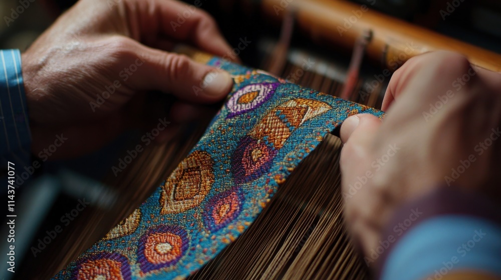 Poster close-up view of intricate tie weaving process showcasing vibrant patterns and skilled craftsmanship