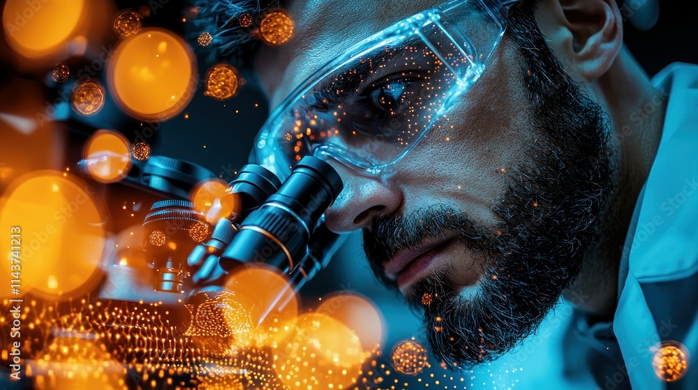 Poster scientist examining samples under a microscope.