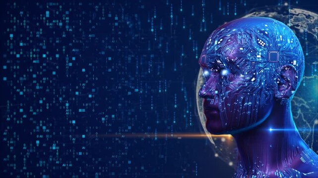 Electronic brain and Concept of artificial intelligence AI.Graphic of a digital brain and Chatbot Human head outline made from circuit board, circuit, quantum processor or chip inside a head 3D 4K