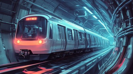 Fototapeta premium Futuristic high-speed train speeding through a neon-lit underground tunnel.