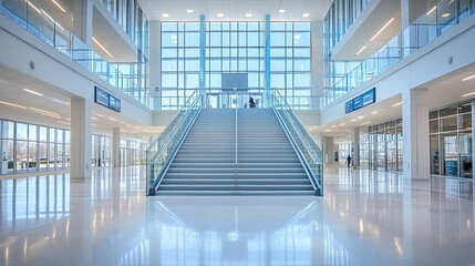 Obraz premium Modern interior with stairs and large windows.
