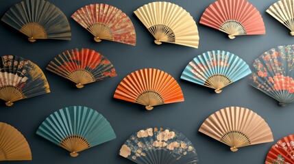 65.High-quality 3D vector set of traditional Asian folding fans, each designed in distinct colors with ornate, detailed patterns; the illustration captures the texture of paper folds and the elegance
